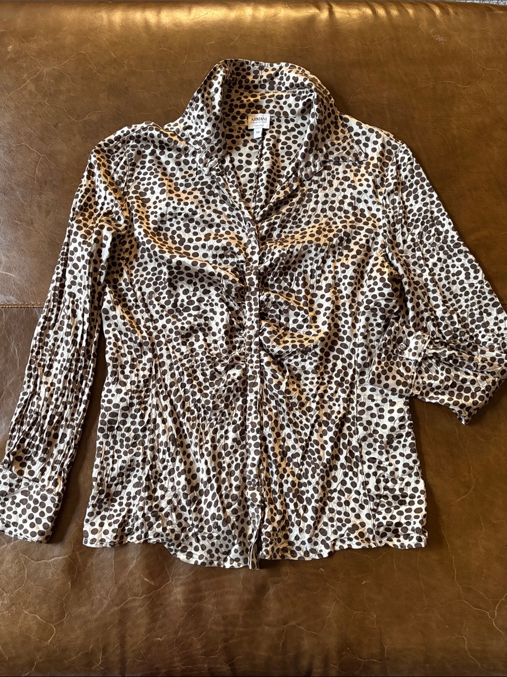 Armani Collezioni Brown and Cream Polka Dot Button-Down Top